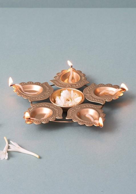 Golden Toned Textured Urli With 5 Diyas