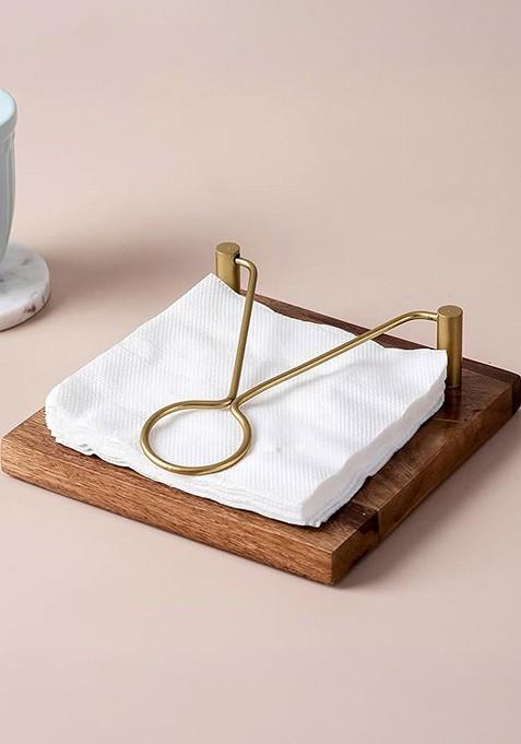 Brown And Gold Toned Teak Wood Napkin Holder