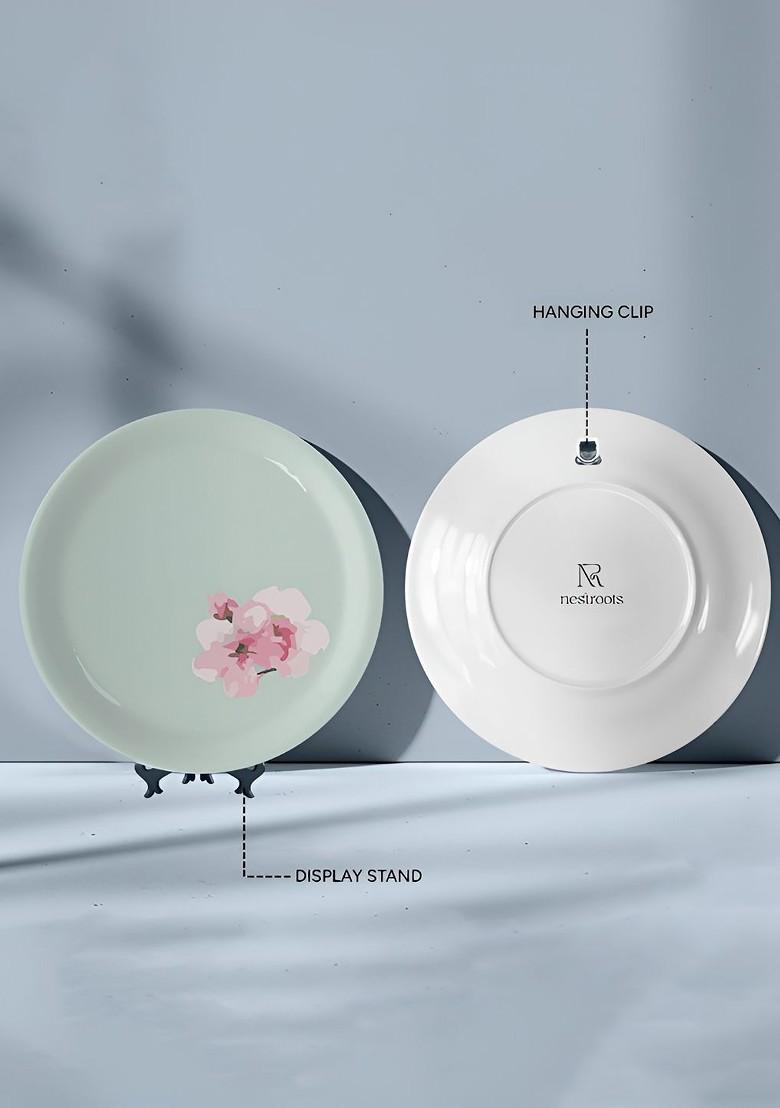 Green And Pink Floral Printed Ceramic Wall Decor Plate