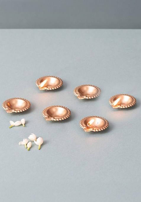 Set Of 6 Golden Plated Floral Design Diyas