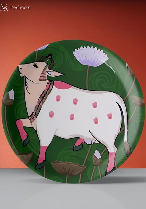Green And White Pichwai Printed Wall Plate
