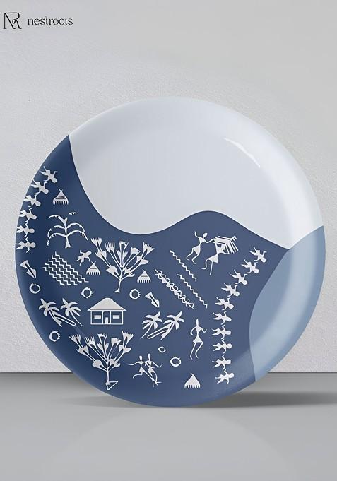White And Blue Warli Printed Ceramic Wall Plate