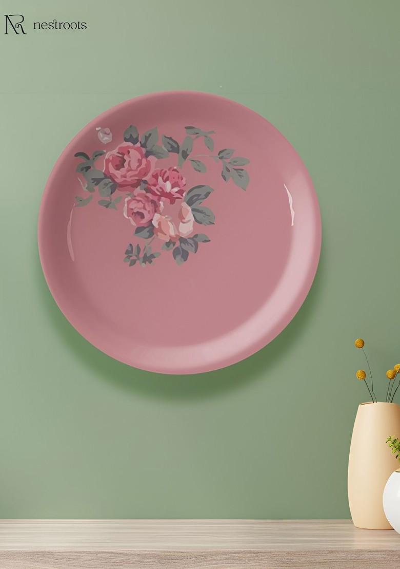 Pink And Green Floral Printed Ceramic Wall Plate