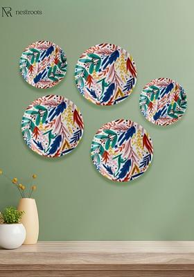 Green And Pink 5 Pieces Floral Printed Ceramic Wall Plates