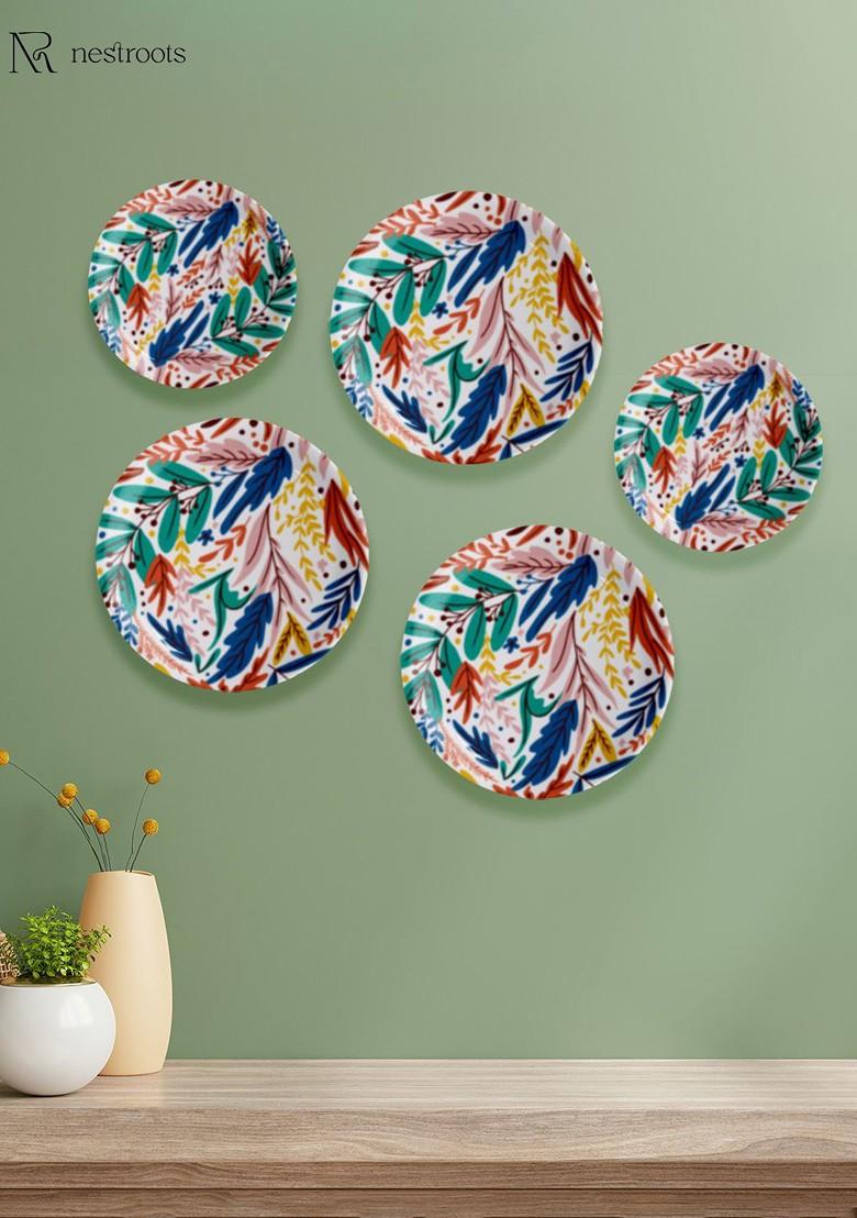 Green And Pink 5 Pieces Floral Printed Ceramic Wall Plates