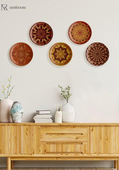 Mustard Yellow And Maroon 5 Pieces Ethnic Motifs Printed Ceramic Wall Plates