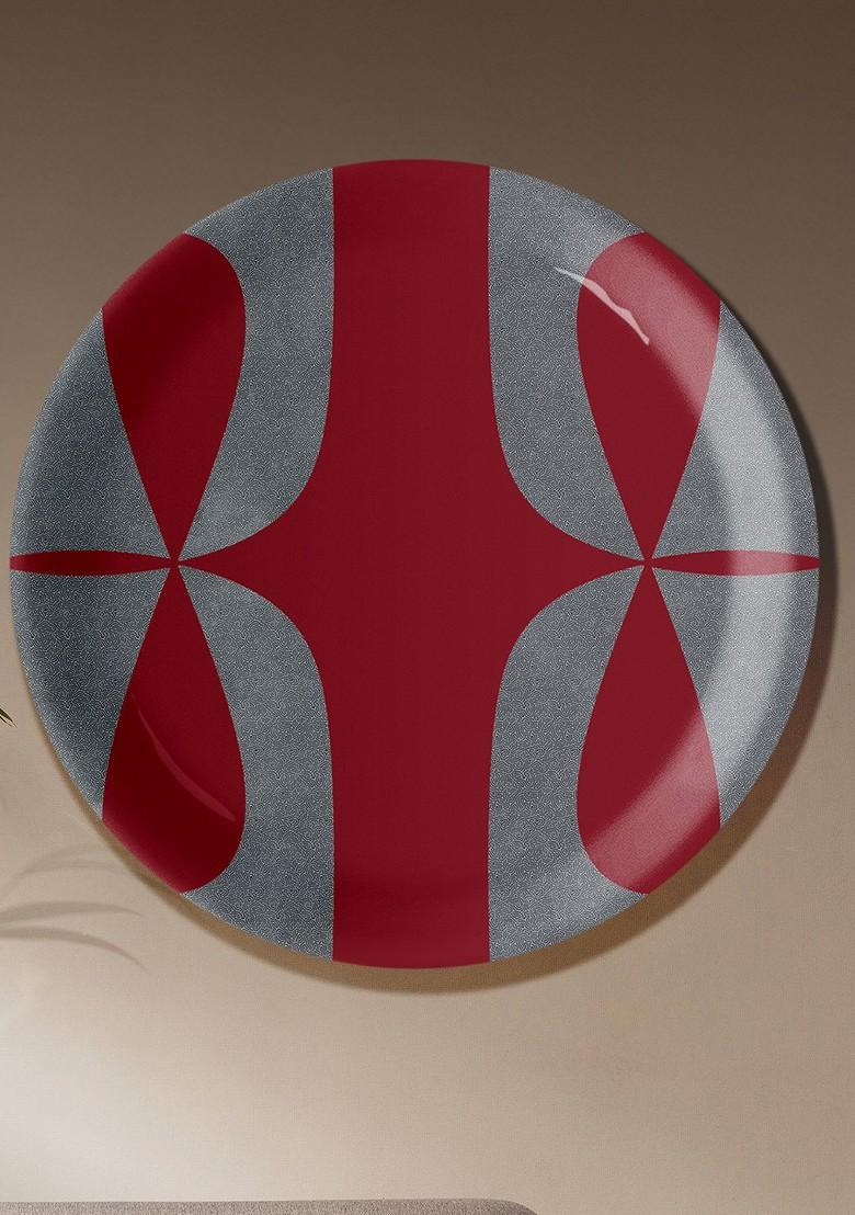 Maroon And Grey Abstract Printed Ceramic Wall Plate