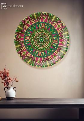 Green And Pink Ethnic Motifs Printed Ceramic Mandala Wall Plate