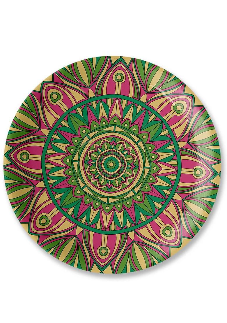 Green And Pink Ethnic Motifs Printed Ceramic Mandala Wall Plate