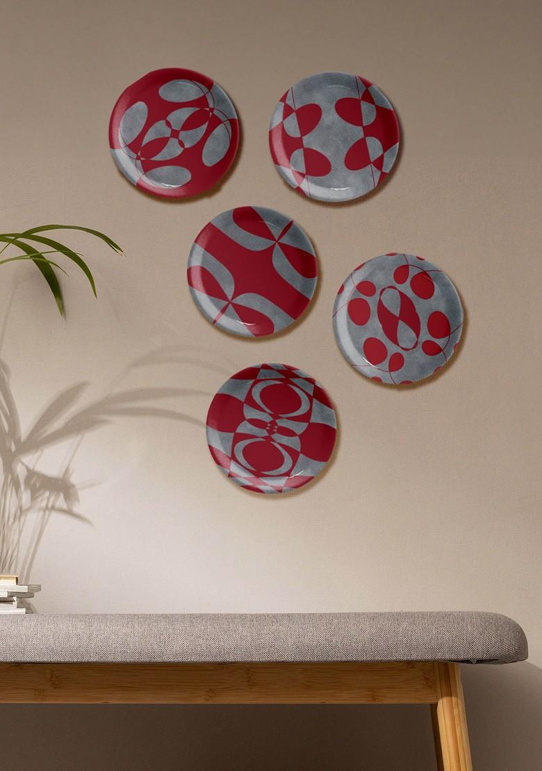 Maroon And Grey Abstract Printed Ceramic Fiery Swirls Wall Plate