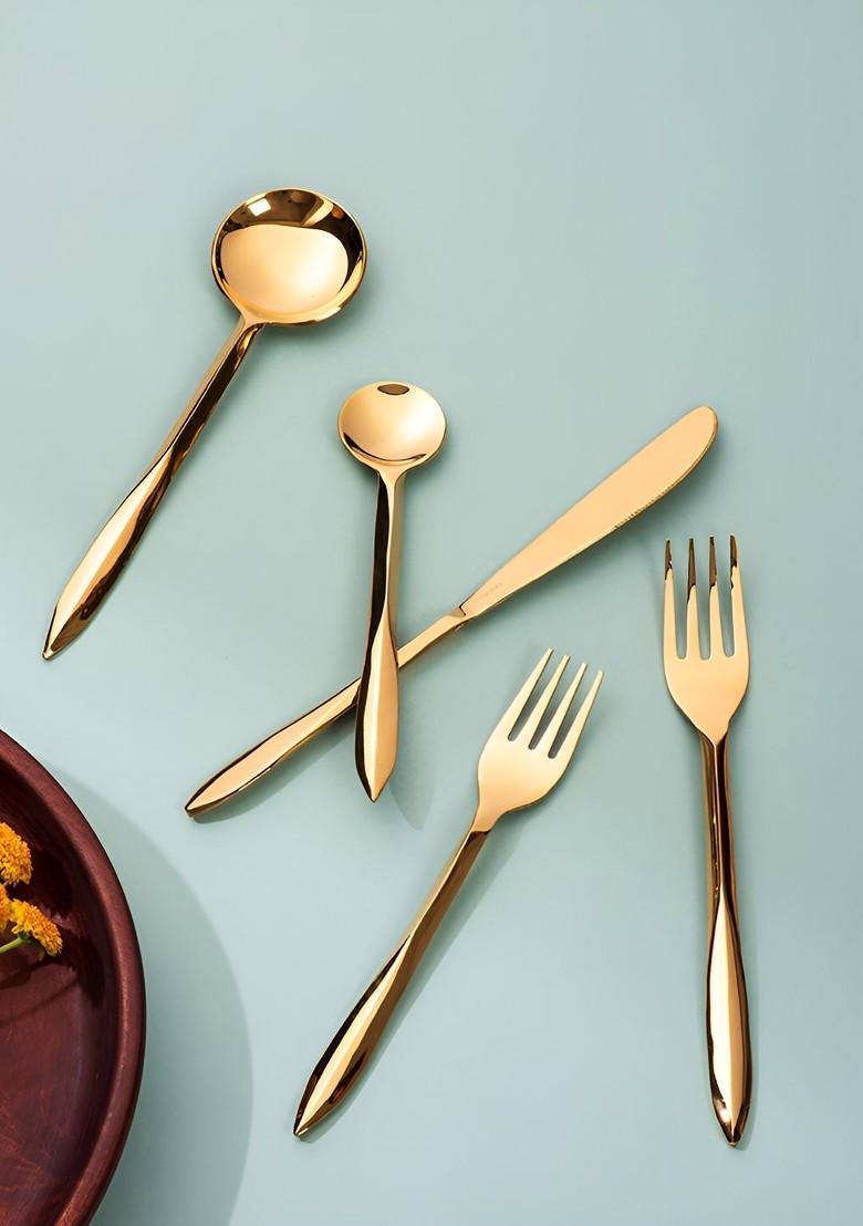 Gold Toned 5Pcs Stainless Steel Cutlery Set With Pointed Handles