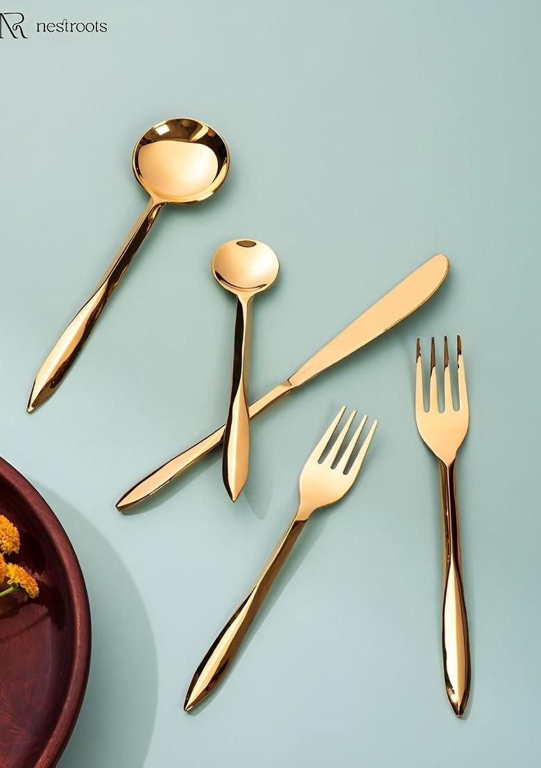 Set Of 5 Steel Cutlery Of Spoons Fork And Knife With Pointed Handles