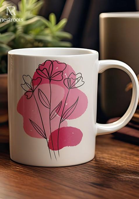 Pink And Cream Floral Printed Dishwasher Safe Stoneware Glossy Mug 350 Ml