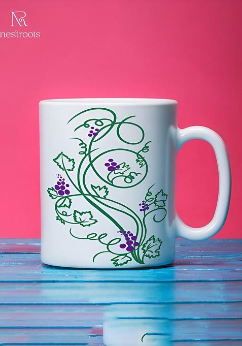 White And Green Printed Stoneware Glossy Mug 350 Ml