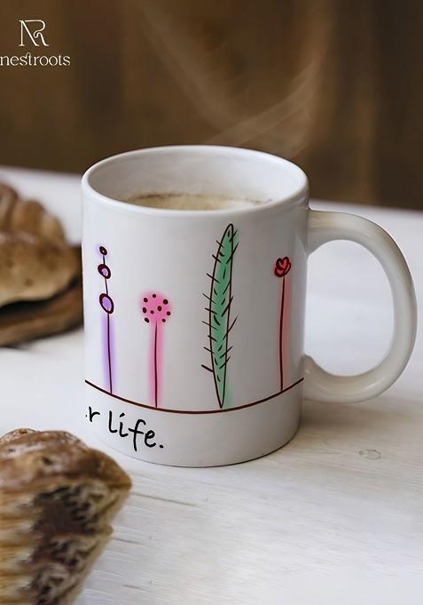 White And Green Printed Stoneware Glossy Mug 350 Ml