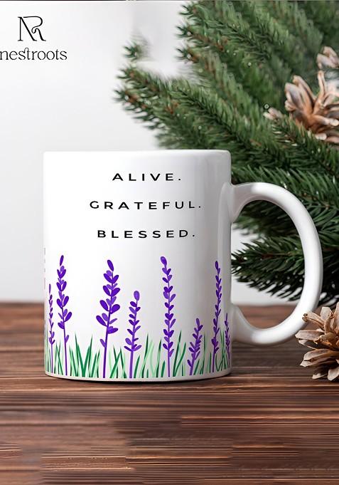 White And Green Printed Stoneware Glossy Mug 350 Ml