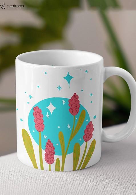 Pink And White Floral Printed Stoneware Glossy Mug 350 Ml