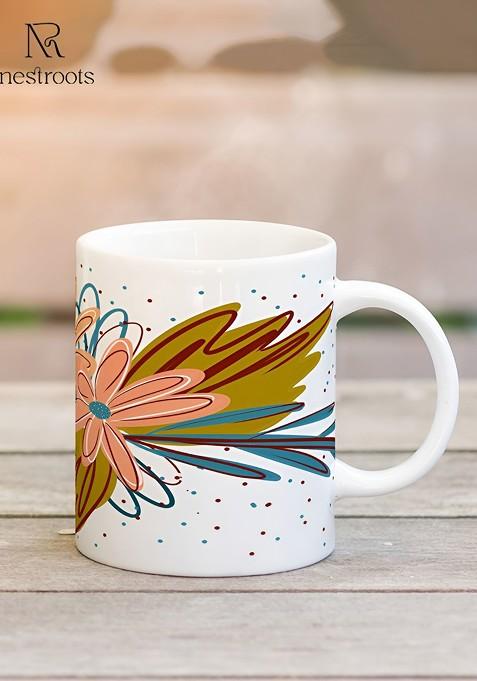 White And Green Printed Stoneware Glossy Mugs 350 Ml