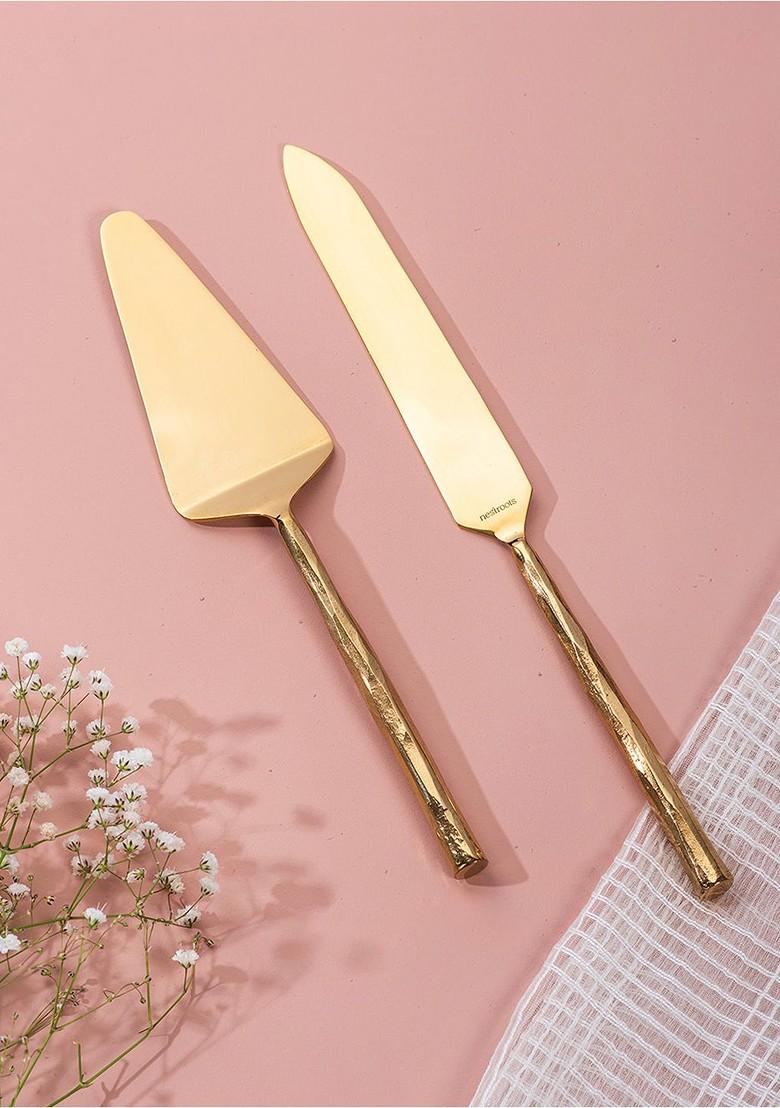 Nestroots Set Of 2 Gold Toned Cake Servers With Hammered Handles