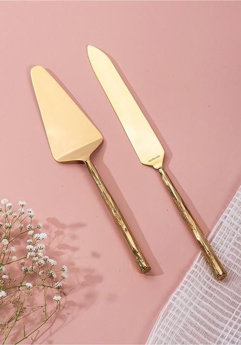 Nestroots Set Of 2 Gold Toned Cake Servers With Hammered Handles