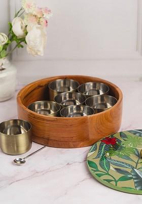Allure Green And Brown Teak Wood Masala Box With Spoon
