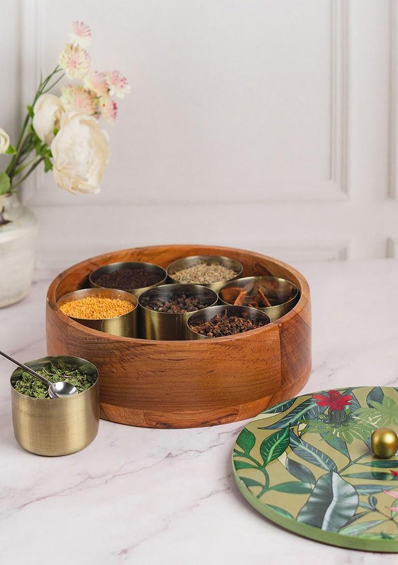 Allure Green And Brown Teak Wood Masala Box With Spoon