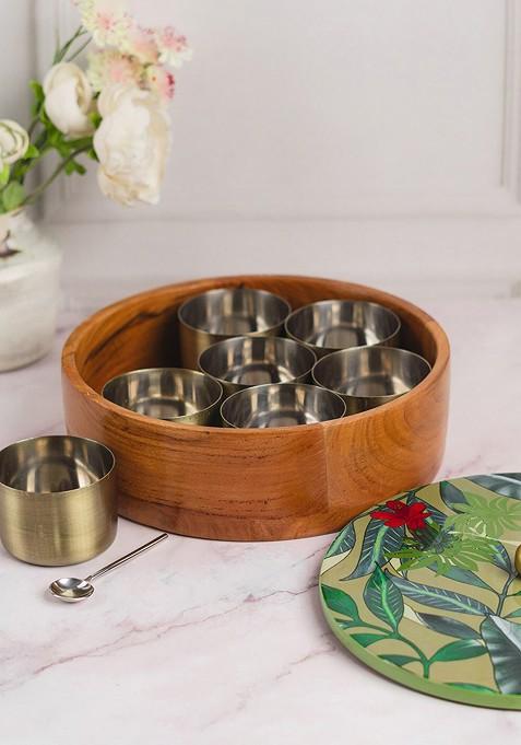 Allure Green And Brown Teak Wood Masala Box With Spoon