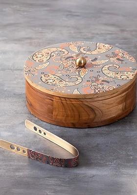 Grey And Brown Printed Chapatti Box And Tong