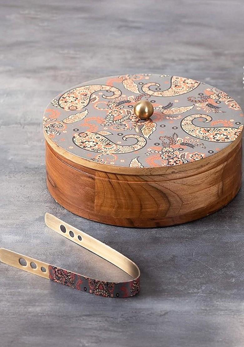 Grey And Brown Printed Chapatti Box And Tong