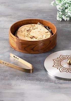 Acacia Wooden Chapati Box Silver Finished Lid With Tong