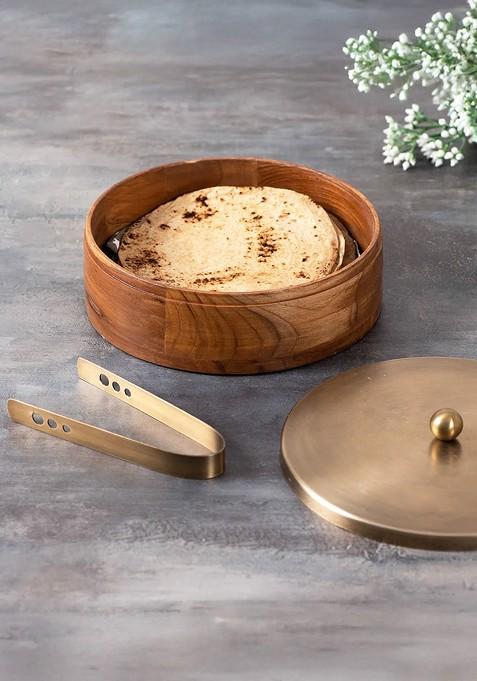 Brown Wood Chapati Box With Tong