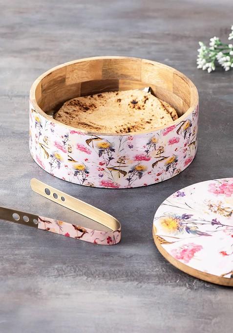 White And Brown Printed Wooden Chapati Box With Tongs