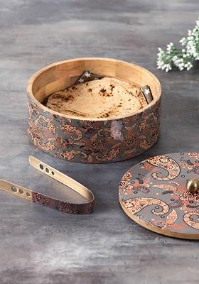 Grey And Brown Printed Chapati Box With Tong