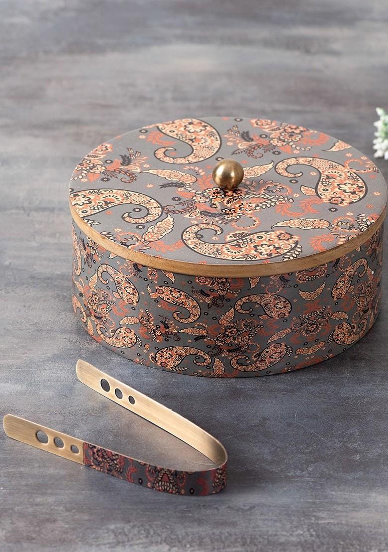 Grey And Brown Printed Chapati Box With Tong