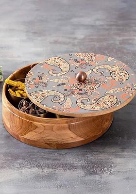 Teak Wooden Masala Box With 7 Masala Jar