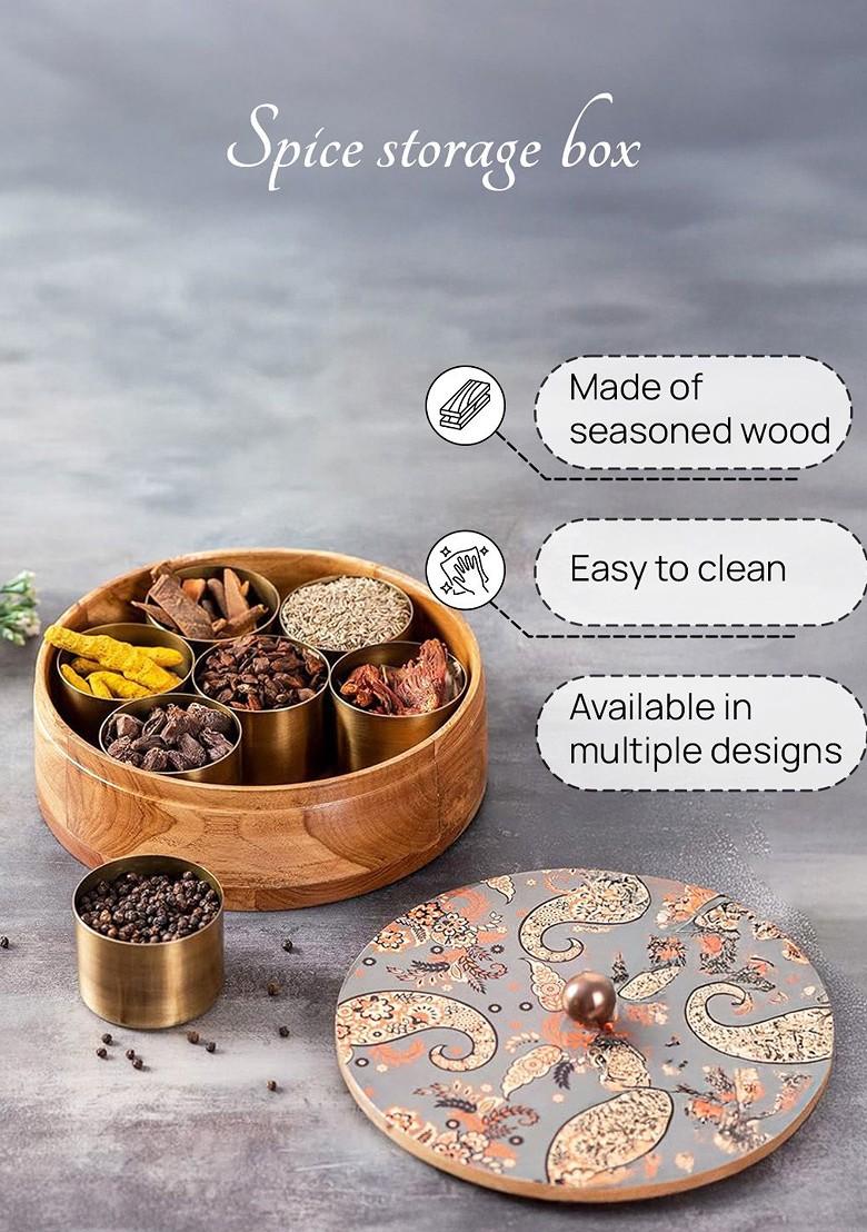 Teak Wooden Masala Box With 7 Masala Jar