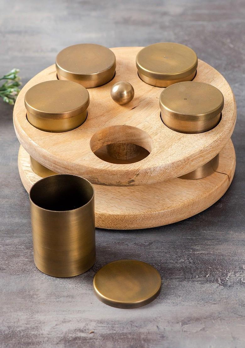 Brown 5 Pieces Wooden Spice Jar Container With Lid And Stand