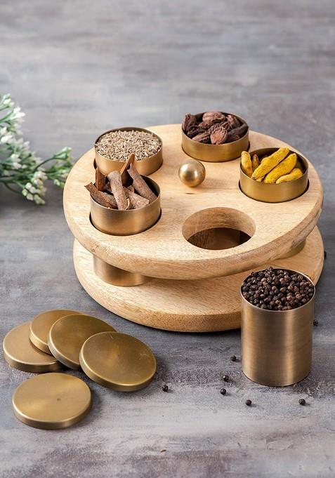 Brown 5 Pieces Wooden Spice Jar Container With Lid And Stand