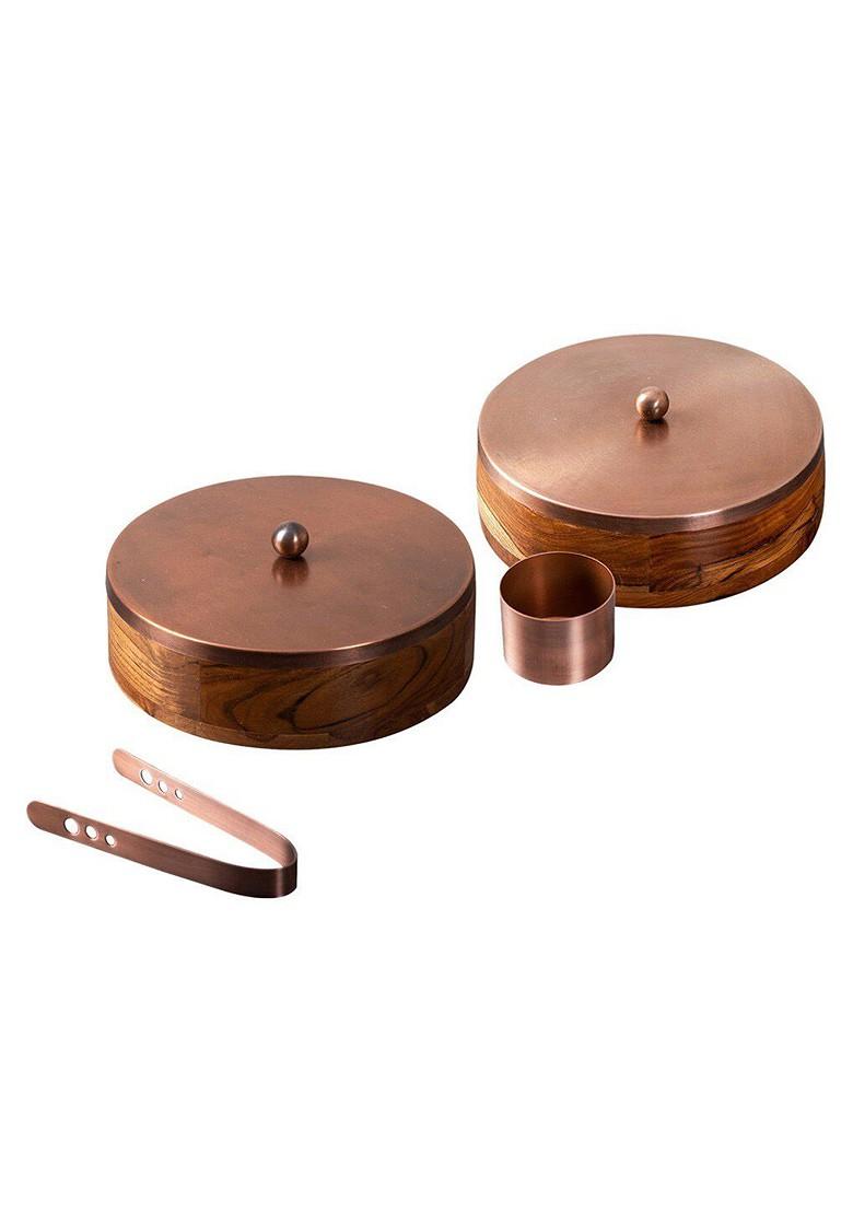Set Of 2 Brown Wooden Chapati Box And Spice Box With 7 Spice Jar