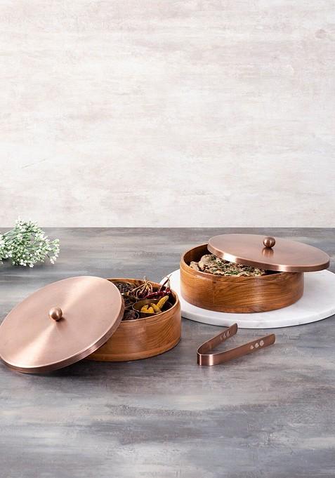 Set Of 2 Brown Wooden Chapati Box And Spice Box With 7 Spice Jar