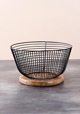 Black And Brown Fruit Basket With Wooden Base