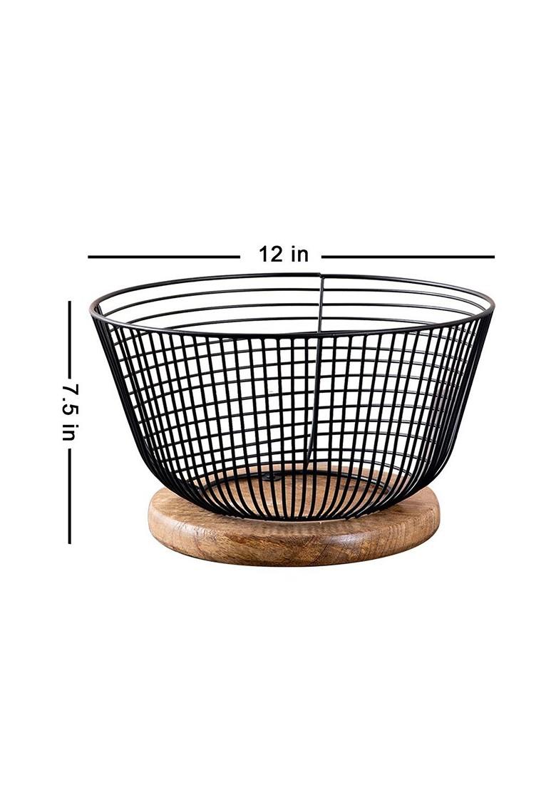 Black And Brown Fruit Basket With Wooden Base