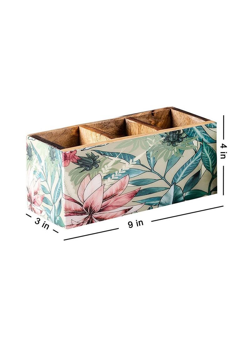 Beige Floral Printed Wooden Cutlery Holder