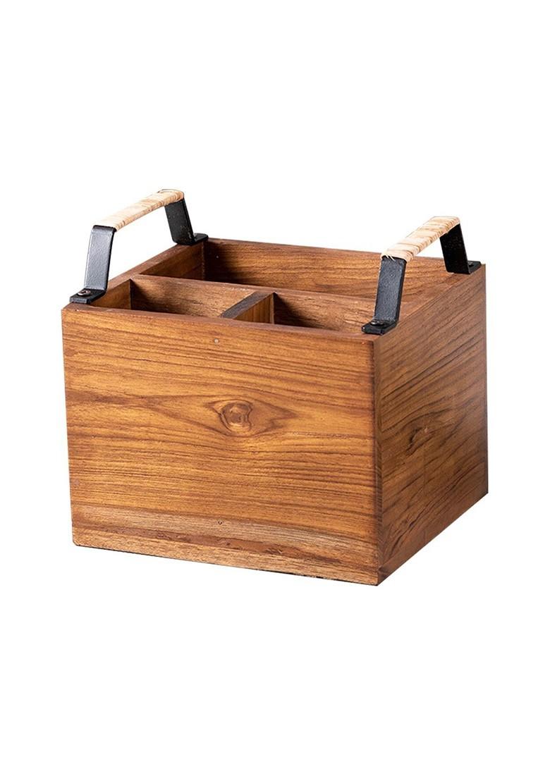 Brown Square Teak Wood Cutlery Holder