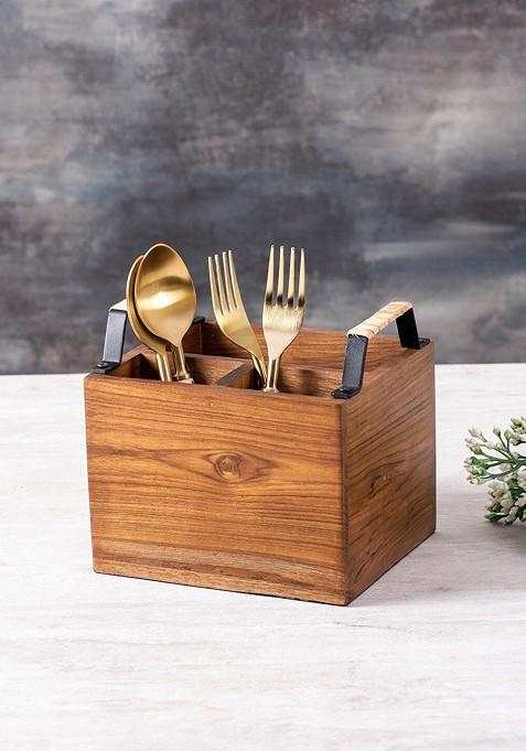 Brown Square Teak Wood Cutlery Holder