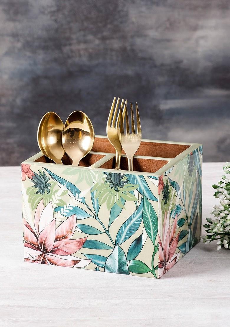 Green Printed Wooden Cutlery Holder