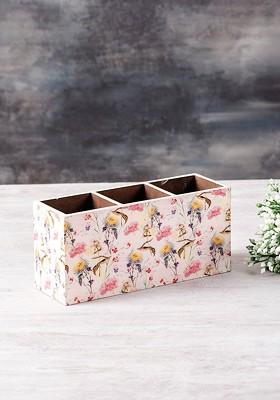White And Pink Printed Wooden Cutlery Holder