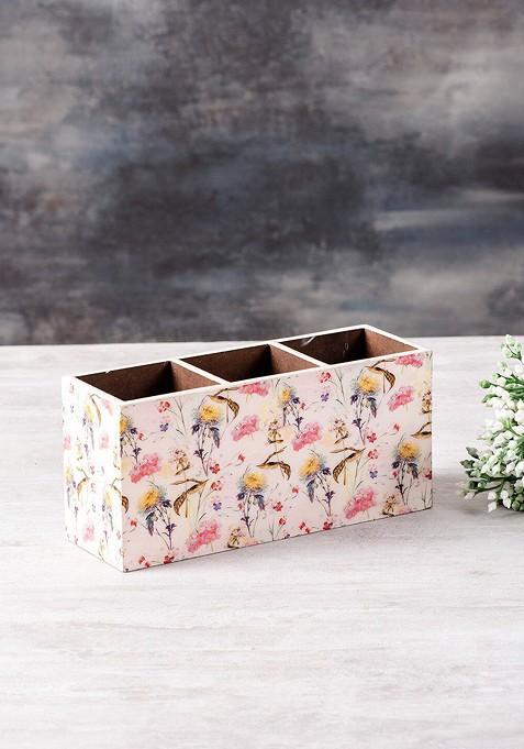 White And Pink Printed Wooden Cutlery Holder