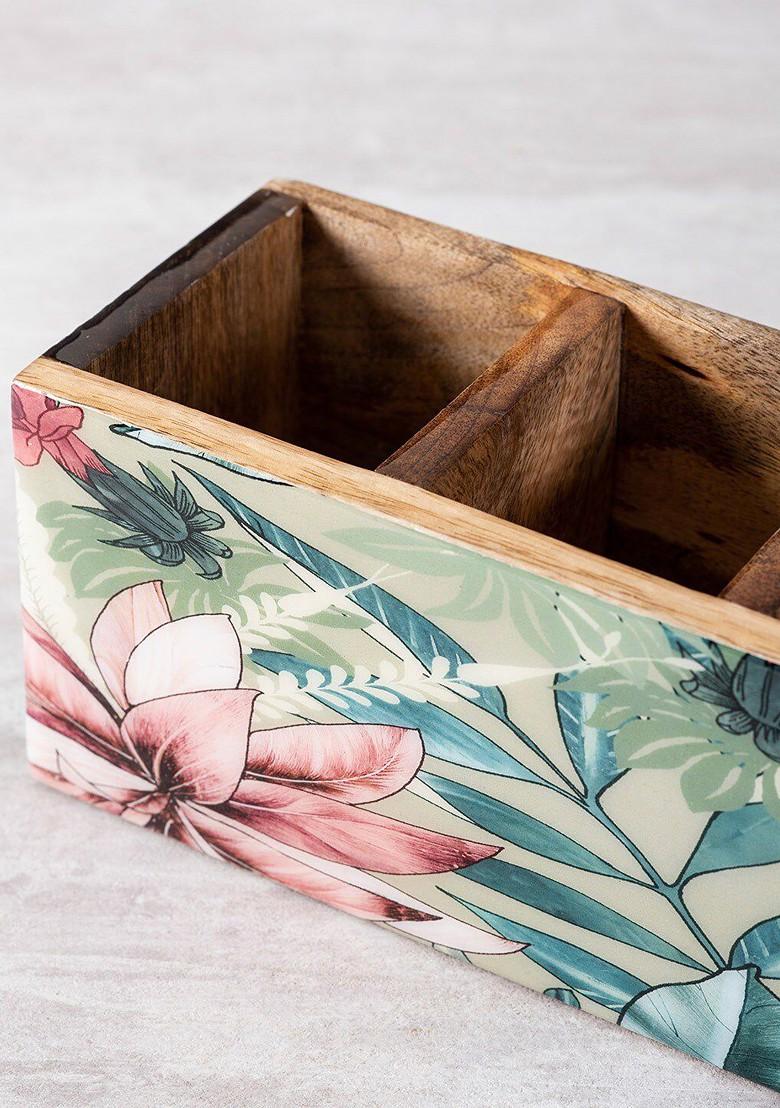 Green Floral Printed Wooden Cutlery Holder
