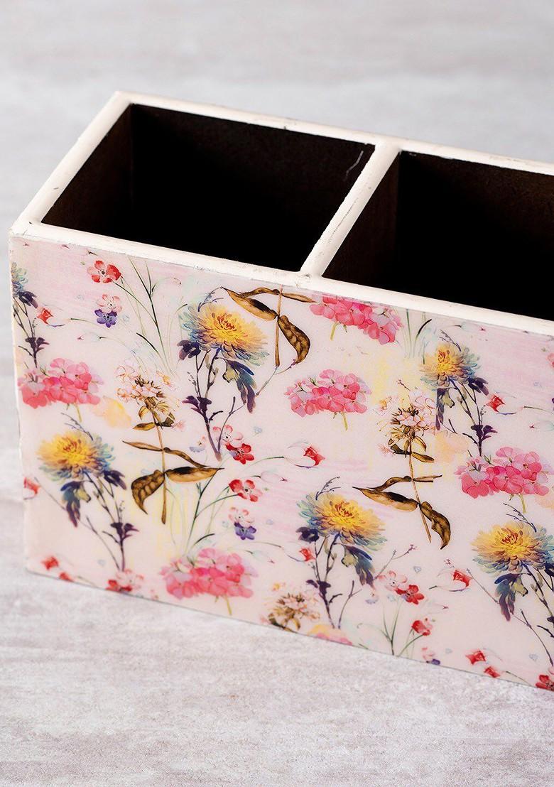 White Printed Wooden Cutlery Holder